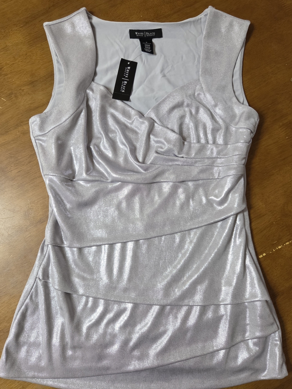 White House Black Market Silver Shimmer Draped Tank